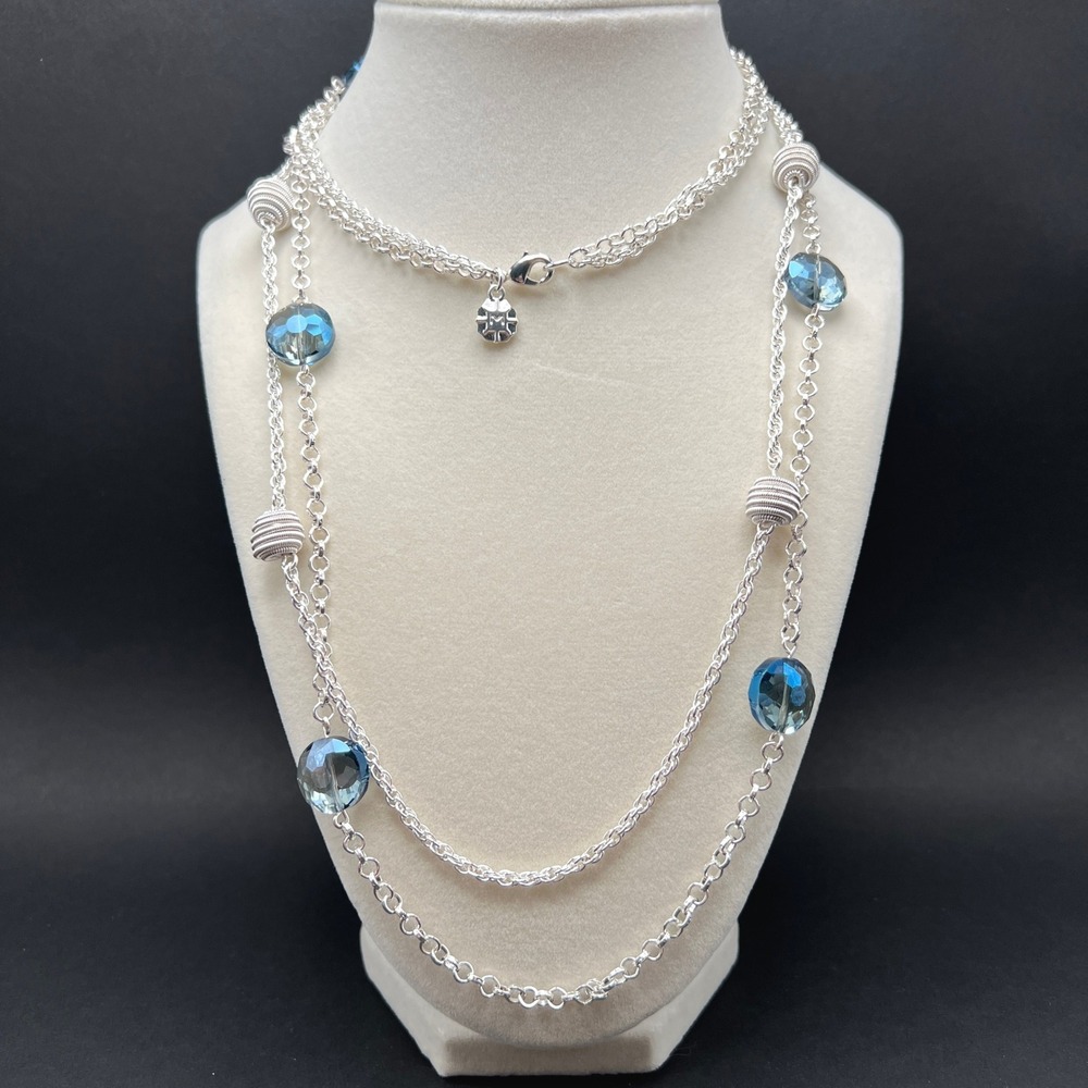 Monet Station Necklace Blue Stone Silver Tone Multi Strand Crystal Long 34"